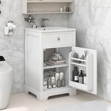 DlandHome 20" Bathroom Vanity with Sink, Bathroom Cabinet with 2 Drawers & Open Shelf, Bathroom Sink Cabinet with Rectangular Ceramic Basin,White