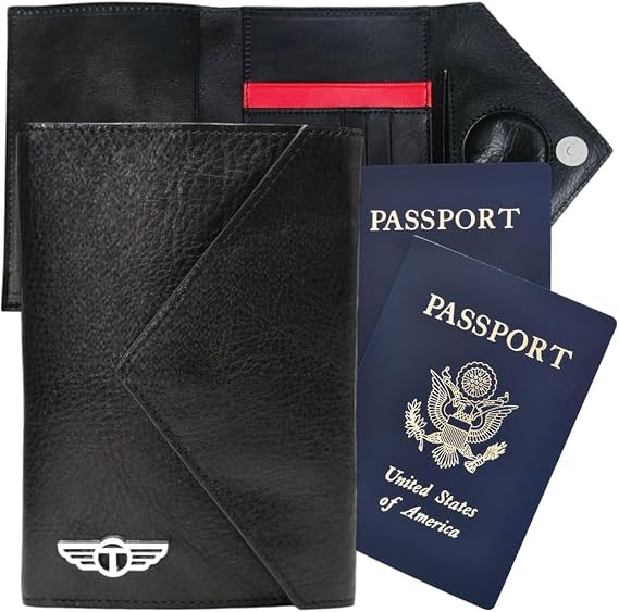 Leather Passport Holder for Travel, Hidden AirTag, Black