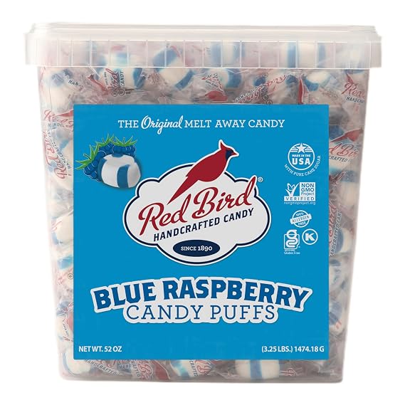 Red Bird Blue Raspberry Candy Mints, Bulk Individually Wrapped Soft Puffs, 52 oz Tub