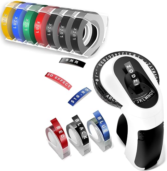Zodzi Black Embossing Label Maker Machine with 10 Rolls Label Tapes,10 Packs Muti-Color 3D Embossing Label Tapes in Total, Black/Yellow/Red/Green/Blue