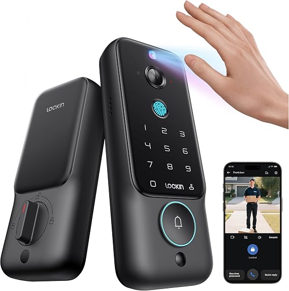 Lockin Veno Plus, All-in-One Smart Lock for Front Door | Palm Vein and Fingerprint Keyless Entry, 2K 180 Ultra-Wide Camera, Night Vision, Built-in WiFi, 8GB Storage, No Monthly Fee