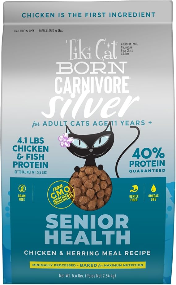 Tiki Cat Born Carnivore Silver Senior Health Dry Cat Food for Senior Cats, Non-GMO, 5.6 lbs. Bag