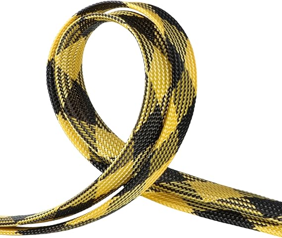 Braided Wire Loom Sleeve - Pet Proof Chew Resistant Cable Wrap, High Density Expandable Cable Sleeving for Automotive Wire Harness & PC Computer Case 16.4ft (Black Yellow, 6mm (1/4"))