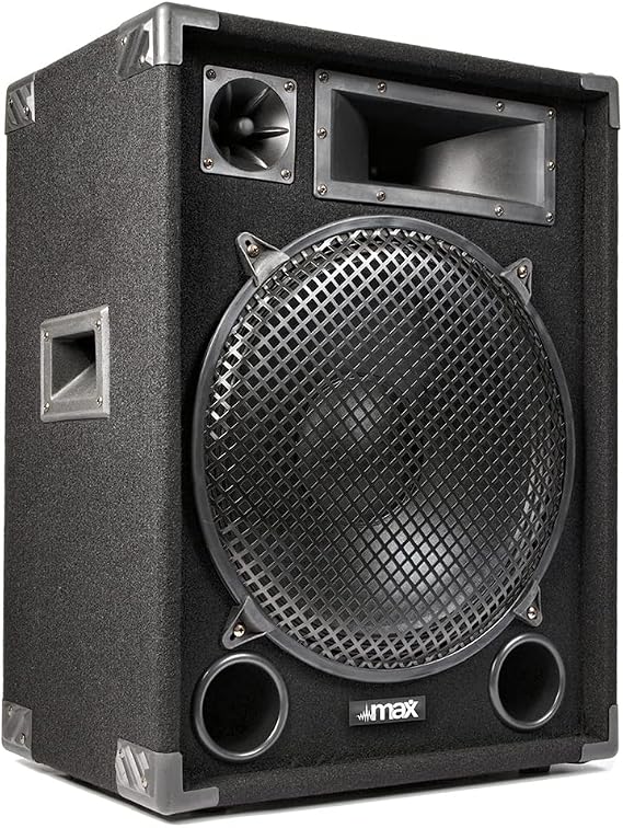 MAX15 Passive DJ PA Speaker 15 Inch 1000W with Woofer, Bullet Tweeter & Midrange Horn – Acoustic Carpet Finish Speakerbox for DJs, Parties, Events & Karaoke - 8 Ohm, SPL 99dB, Pole Mount