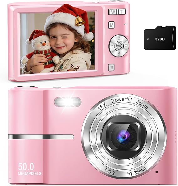 Digital Camera, Cameras for Kids, UHD 4K Point and Shoot Digital Cameras with 32GB Card, 16X Zoom, Anti-Shake, Date Stamp, Compact Small Cameras for Photography, for Boys Girls Teens Beginners