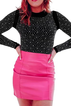 Hotmiss Seamless Long Sleeve Thong Bodysuit for Women Rhinestone Studded Fishnet Tops Thong Shirt