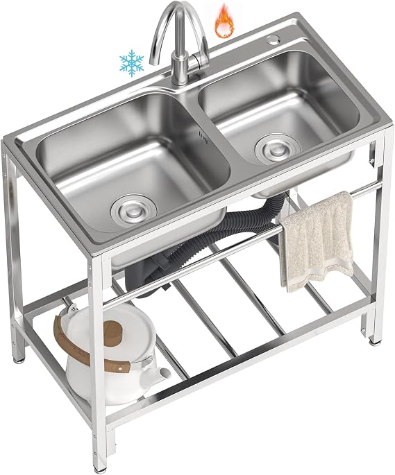 Utility Sink 2 Compartment, Commercial Kitchen Stainless Steel Sink with Cold and Hot Faucet & Shelves Anti-overflow for Business Restaurant, Cafe, Bar, Hotel, Garage, Laundry Room, Outdoor