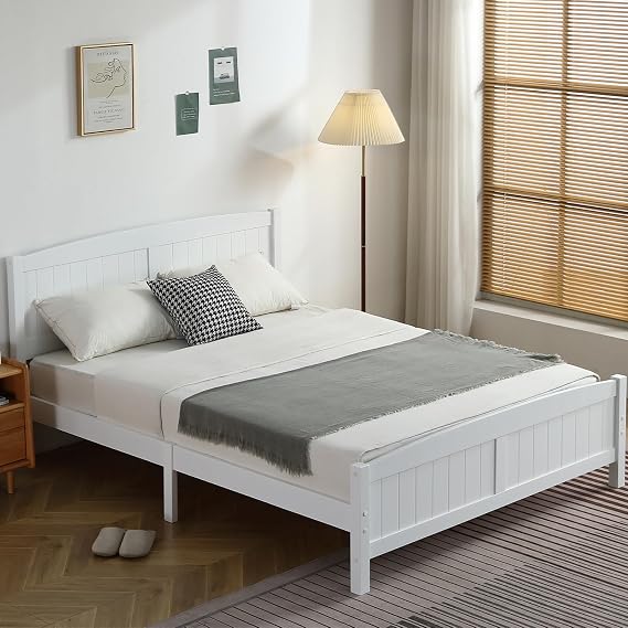 Karl home Wood Bedframe Queen Bed Frame with Headboard, White | Bedroom Platform Bed with Footboard, 12 Wood Slat Support, No Box Spring Needed