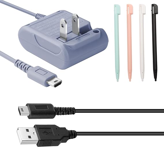 DS Lite Charger Replacement for Nintendo DS Lite, AC Adapter Wall Plug Compatible with NDSL Charger (100-240v) & USB Charging Cable & 4 Stylus Pen