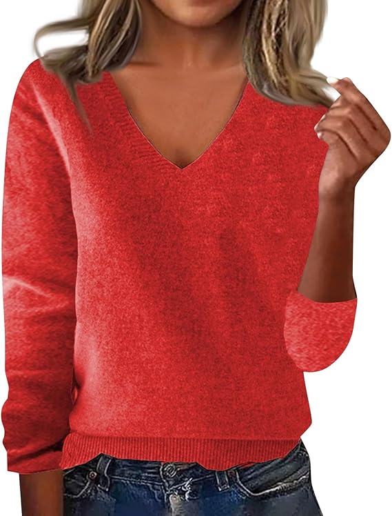 Sweaters for Women Long Sleeve Deep V Neck Cashmere Sweaters Soft Wool Tunic Sweaters Tops Casual Pullover Sweaters