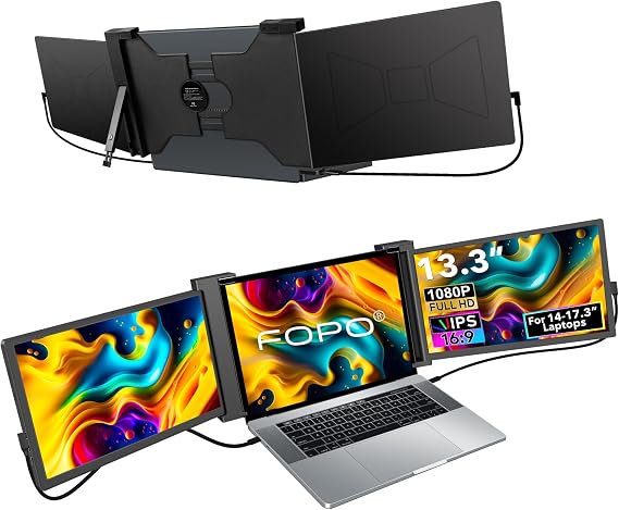 13.3 Triple Laptop Double Screen Extender, FHD 1080P IPS Laptop Monitor Extender for 14-17.3 Laptops, HDMI/USB-C Plug and Play Portable Monitor for Laptops -S16 Black