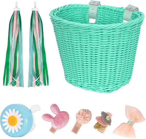 RAYMACE Kids Bike Basket Streamers Bell Set, Children's Bicycle Handlebar Basket with 4pcs Girl Hair Clips, Cute Accessories Kit for Kids' Bike, Scooter