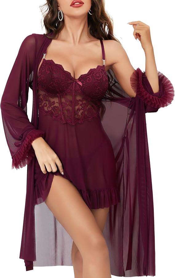 Women Sexy Lingerie Set, 3 Piece Babydoll with Mesh Kimono Robe & Lace Panty, Lace Trim Teddy Chemise Nightwear
