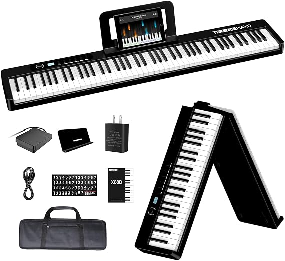 TERENCE Piano Keyboard 88 Keys, Semi-Weighted Folding Piano Keyboard with MIDI Support Bluetooth Portable Piano with LCD Screen, 2X5W Speakers, Music Stand, Stickers, Earphones and 1/4'' Sustain Pedal