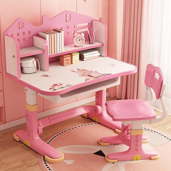 Height Adjustable Kids Desk and Chair Set, Upgraded Kids Functional Desk and Chair Set, Kids School Desk, Writing Study Table for Girls Boys, Storage, Drawers, Bookshelf (Pink)