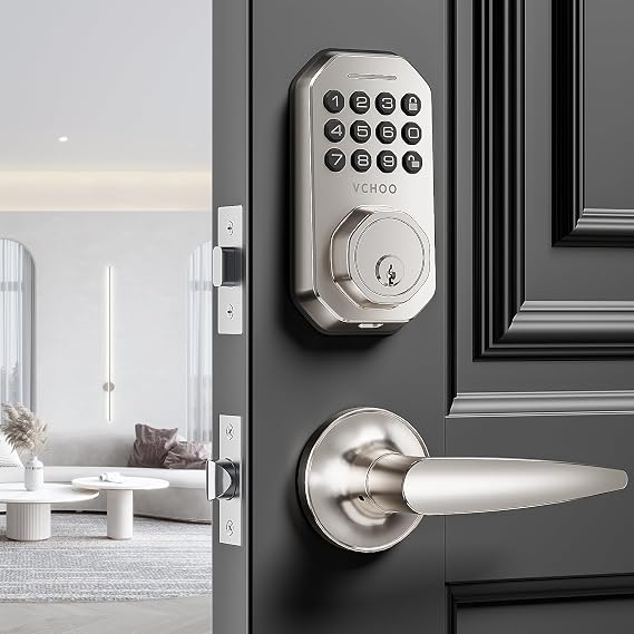 Keyless Entry Door Lock Deadbolt with Handle Set, Door Lock for Front Doors, Keypad Cord with Handle, Smart Door Knob, Auto Lock, Cord Door Lock, Installation Guide Satin Nickel