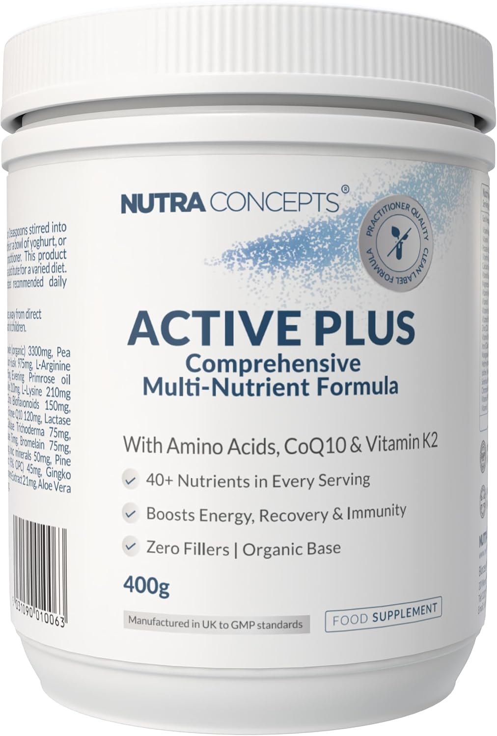 Active Plus - 40+ Nutrients Per Serving - Multi-Nutrient Powder with CoQ10, Amino Acids & Vitamin K2 - Organic Base - Digestive Enzymes Included - Zero Fillers - Made in UK - 400g
