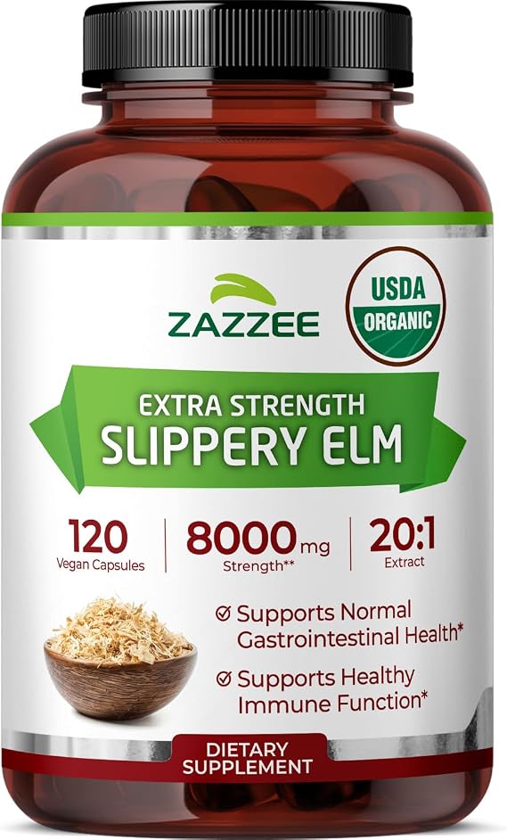 Zazzee USDA Organic Slippery Elm Bark 20:1 Extract, 120 Vegan Capsules | 4 Month Supply, Digestive, Throat & Mucosal Support, Ulmus Rubra, Herbal Supplement, All-Natural, Non-GMO, Made in the USA