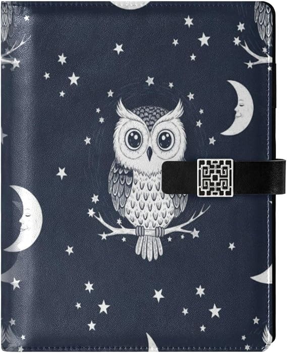 Owl Moon Stars Night PU Leather Notebook A5 Binder 6 Ring Refillable Journal with Magnetic Buckle Closure Loose Leaf Travel Office Planner Budget Binder Notepad Portfolio