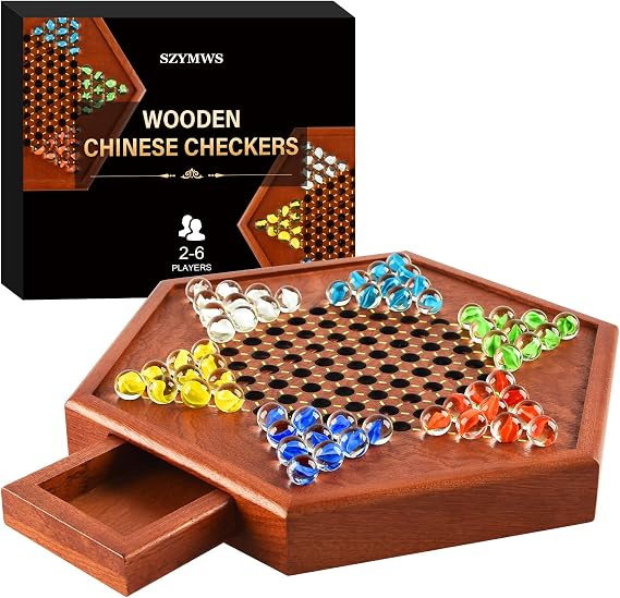 12.7 Inches Wooden Chinese Checkers Set with Storage Drawer -60 Glass Marbles in 6 Colors -12 Bonus Spare Marbles| Chinese Checkers Board Game for Kids and Adult