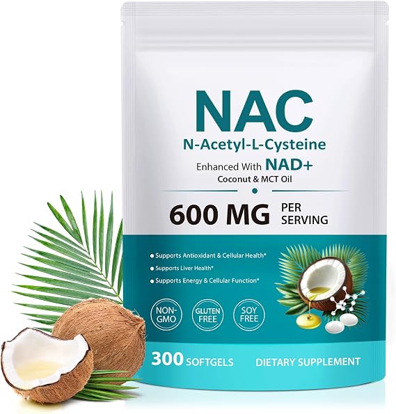 NAC Supplement Softgels, 300 Count N-Acetyl Cysteine Supplement with NAD+, Coconut & MCT Oil, Antioxidant & Cellular Health Support, Normal Liver Function