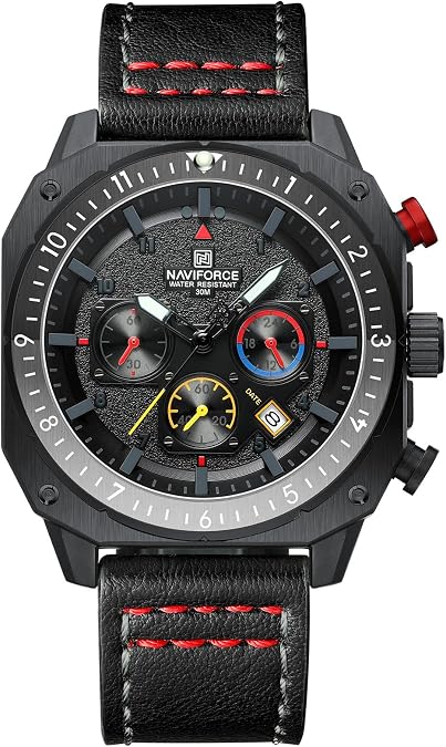 NAVIFORCE Men's Fashion Sport Watches Military Square Big Face Waterproof Chronograph Wristwatch with Luminous Hands,Leather Strap