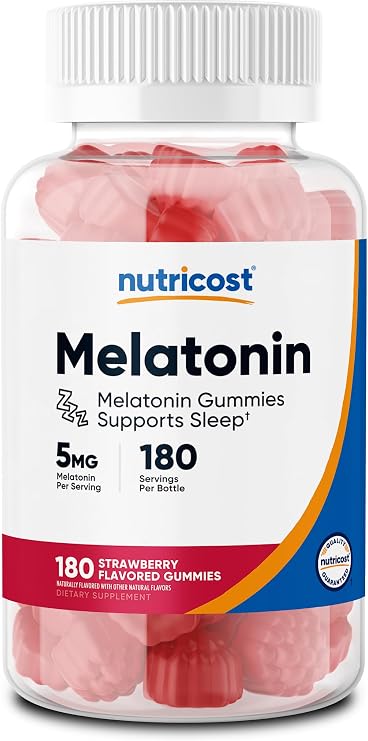 Nutricost Melatonin Gummies 5mg (Strawberry) 180 Gummies, Gluten-Free | GMO-Free, No Corn Syrup