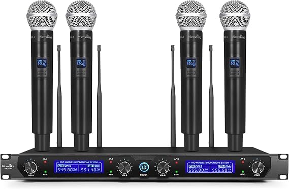 MicrocKing 4 Channel UHF Wireless Microphone System, 4 Handheld Wireless Microphones with Receiver, 400ft Long Range, Professional Dynamic Mic Set for Church, Conference, Wedding, Karaoke and Speech