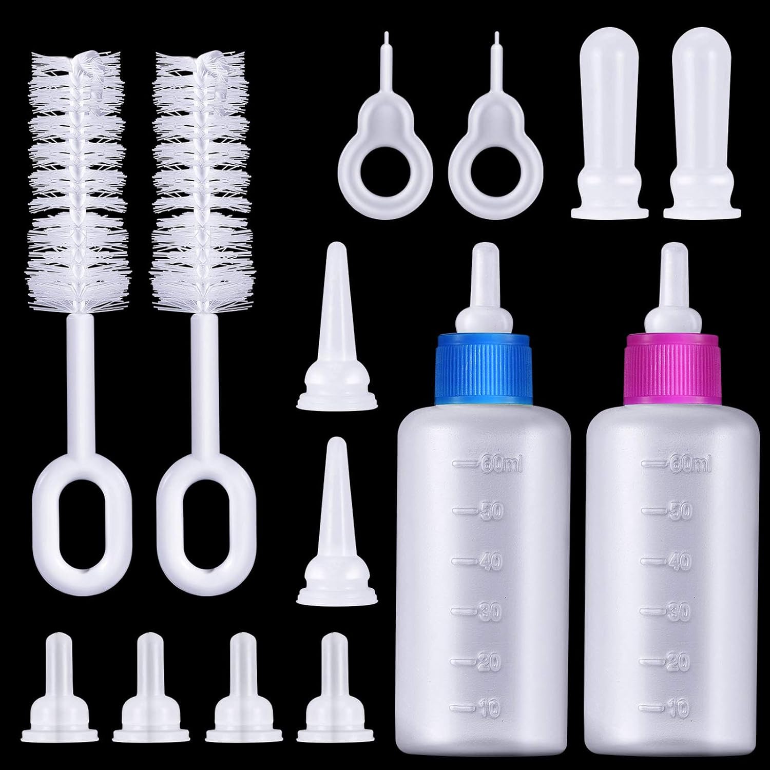 Frienda Pet Feeding Bottle Kit, Squeeze Liquid Cat Nursing Bottle Needle Tubing Kit and Replacement Mini Nipples for Kitten Puppy Small Pet Feeding Tool Blue, Pink