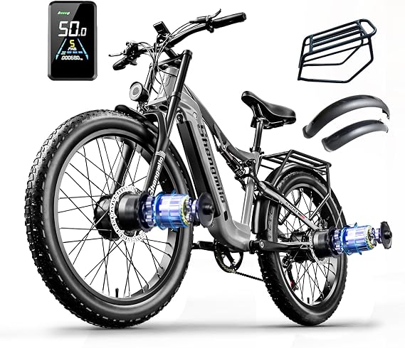 Shengmilo S600 Electric Bike for Adults,26" x 3.0 Fat Tire Ebike,2000W Dual Motors Ebike,37MPH,48V 17.5AH Battery,Full Suspension Double Shoulder Fork DNM Rear Shock Electric Mountain Bike,UL,GCC