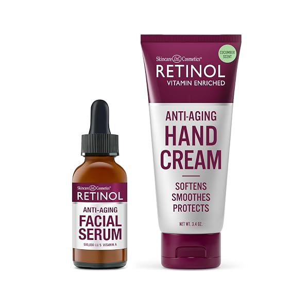 Retinol Anti-Wrinkle Facial Serum Vitamin-Enriched, Smoothes Fine Lines & Wrinkles + Retinol Anti-Aging Hand Cream - Conditions & Protects Skin, Nails & Cuticles
