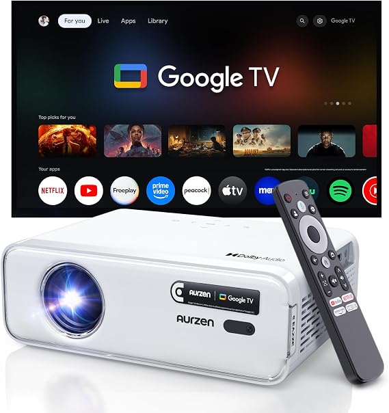 Aurzen EAZZE D1 GTV projektör, Google TV akıllı projektör, WiFi ve Bluetooth, Netflix resmi lisanslı, otomatik odaklama ve Keystone, DoIby Audio, zoom, yerel 1080p film, taşınabilir dış mekan