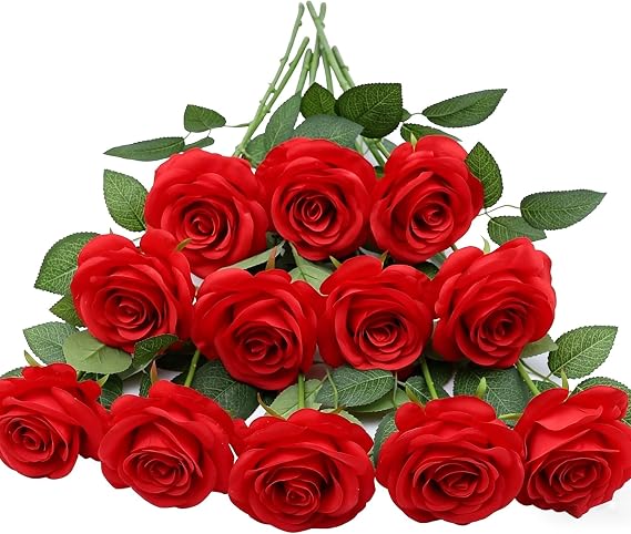 HNVNER 12 Pcs Red Artificial Roses Flowers, Fake Roses Faux Silk Red Flowers Bouquets with Stem for Wedding Home Decor