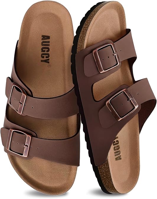 Womens Sandal Cork Footbed Slide, Arch Support Slides for Women with Adjustable Buckle, Comfortable Summer Beach Outdoor Sandals