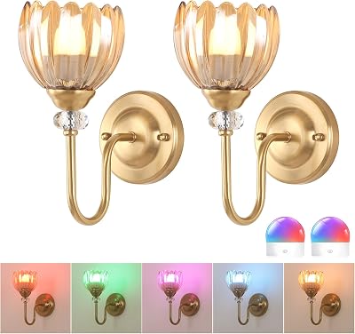 Set of 2 Vintage Battery Operated Wall Sconce, Rechargeable Wall Lamp with 5000mAh Battery & Remote Control, Dimmable Wall Lights with tulip shade for Bedroom Bathroom Living Room, Tulip Amber Up