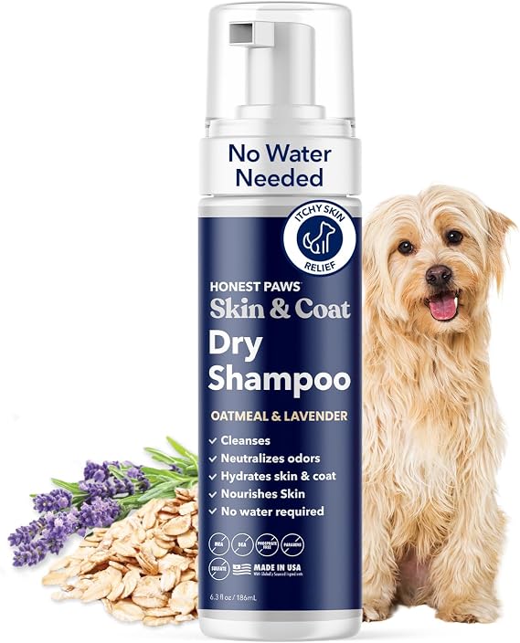 Dog Dry Shampoo, Waterless No-Rinse Foam Formula, Oatmeal & Lavender 6.3oz | Anti-itch, anti-dandruff & deshedding; safe for dogs & cats; Made in USA; helps smelly, itchy coats between baths
