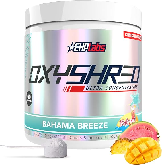 EHP Labs OxyShred Pre Workout Powder - Preworkout Powder with L Glutamine & Acetyl L Carnitine, Energy Boost Drink - Bahama Breeze/Beach, 60 Servings