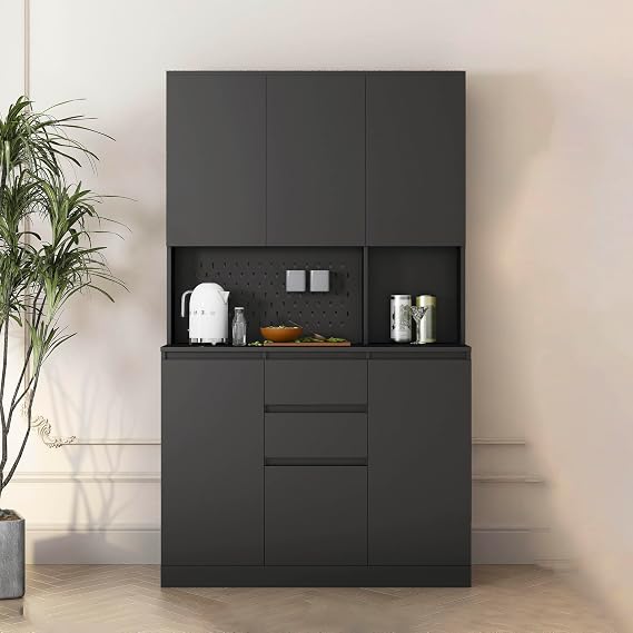 74"Kitchen Pantry Cabinet with Charging Station,Freestanding Buffet Cupboards Sideboard with Drawer,Modern Pantry Cabinet with Microwave Stand for Kitchen,Living Room,Dinning Room,White (Black)
