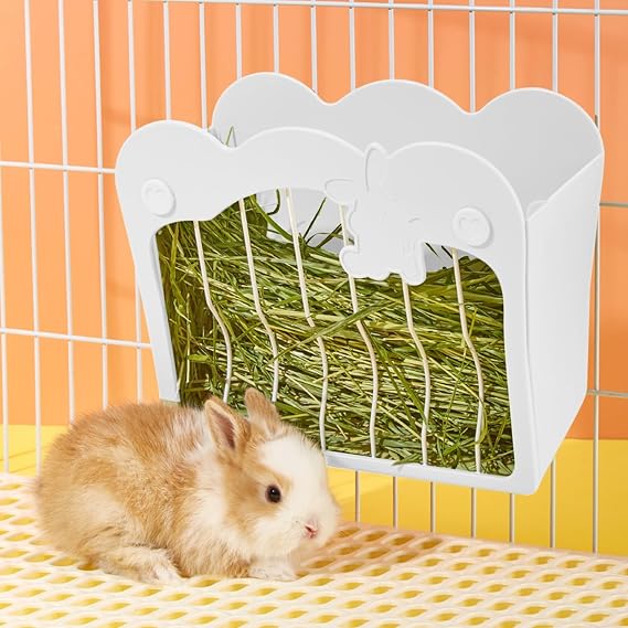 Rabbit Hay Feeder, Hanging Feeding Hay Rack for Small Animals, Dwarf Rabbit, Guinea Pig (White)