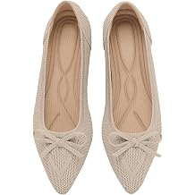 TINGRISE Women's Flats Pointed Toe Bow Knit Ballet Shoes Comfortable Dressy Mesh Slip On Flat Beige 6.5UK