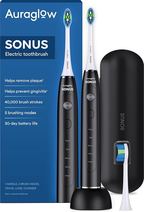 AURAGLOW Electric Toothbrush for Adults, Strong Sonic Toothbrush, 40,000 VPM, Rechargeable, 5 Modes, Removes 10x More Plaque, IPX7, 30-Day Battery, 2 Brush Heads & Travel Case