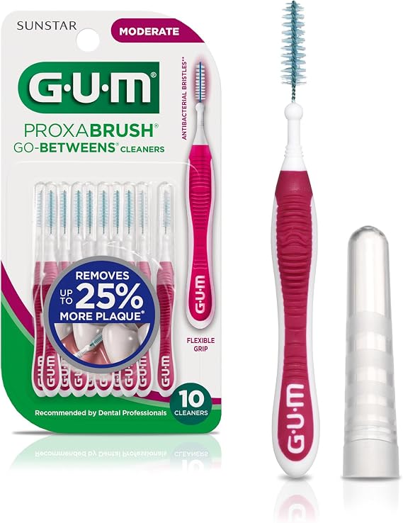 GUM Proxabrush Go-Betweens Moderate Interdental Brushes, 10 Count | Triangular soft bristles, Nylon-coated wire safe for braces & implants, Reusable with breathable travel cap, 10 days of use