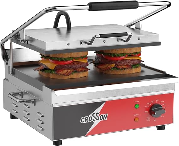 CROSSON 15"11" Flat ETL Listed Commercial Electric Panini Grill,Hinged Auto Leveling Top Plate Panini Press Sandwitch Maker