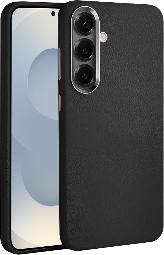 Teknoft Samsung Galaxy S25 için Leth Shield Serisi Parmak İzi Tutmayan Deri Görünümlü Metal Tuşlu ve Metal Lens Çerçeveli Silikon Kılıf (Siyah, Galaxy S25)