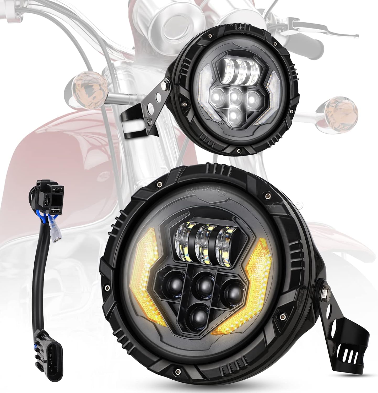 Auto Buero 7Inch Led Motorcycle Headlight with Amber Driving LightWhite DRLHigh BeamLow Beam And Headlight Housing Bucket for Harley Davidson