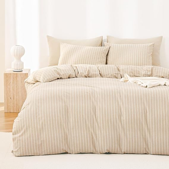 Wake In Cloud Striped Cotton Duvet Cover Set, Tan, Twin/Twin XL | 100% Washed Cotton, Ticking Vertical Pinstripe Design, Modern Farmhouse Style, Textured Bedding Set, 3 Pieces