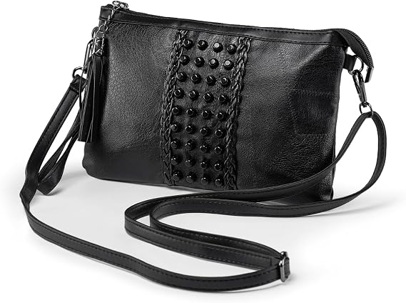 Black Clutch for Women PU Leather Small Handbags for Ladies Tassel Cross Body Shoulder Bag Rivets Crossbody Bag with Wrist Strap