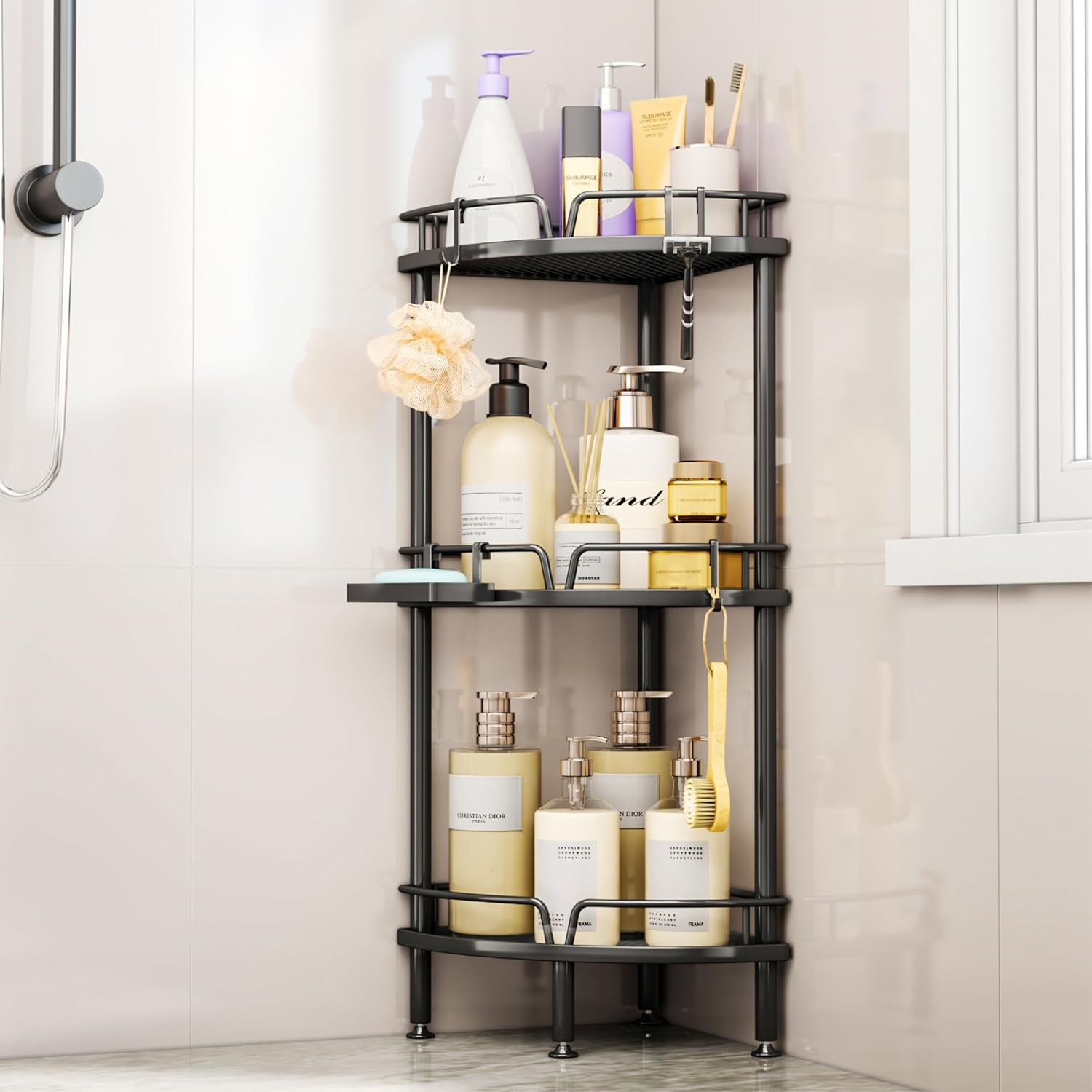 SWTYMIKI Corner Shower Caddy - 3 tier Bathroom Corner Shelf Shower Organizer Corner with 4 Hooks, Rust Free Standing Shower Caddy with Soap Holder,Shower Rack for Inside Bathroom,Shower storage,Black