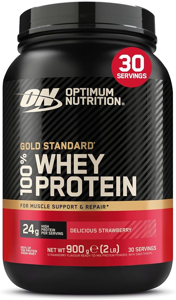 Optimum Nutrition Gold Standard 100% Whey Protein Powder, 900 g | Delicious Strawberry, 30 Servings, 24g Protein, BCAA,Low Sugar,Promotes Muscle Growth and Recovery