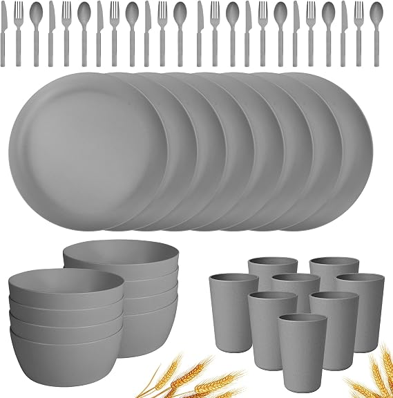 48-Piece Plastic Wheat Straw Dinnerware Sets Plates and Bowls Sets for 8 Lightweight Bowls Unbreakable Dish Set Dishwasher Microwave Safe Suitable for Camping Party Grill(Grey)